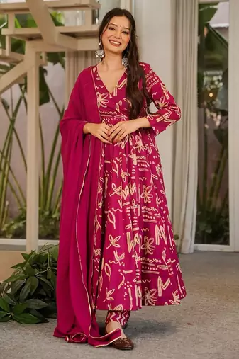 Rani pink muslin digital print anarkali kurti pant & dupatta set