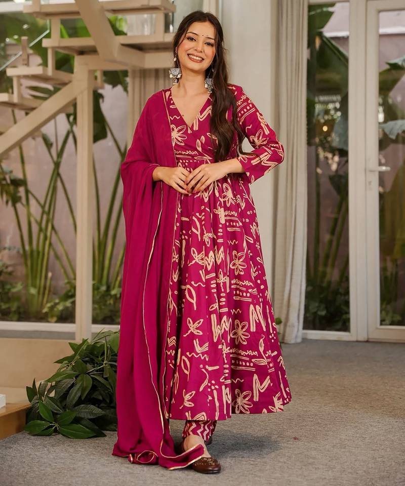 Rani pink muslin digital print anarkali kurti pant & dupatta set