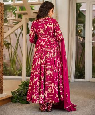 Rani pink muslin digital print anarkali kurti pant & dupatta set 3