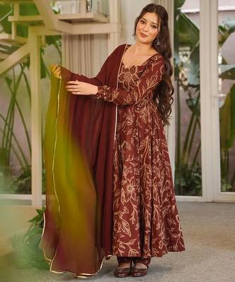 Brown muslin digital print anarkali kurti pant & dupatta set 1