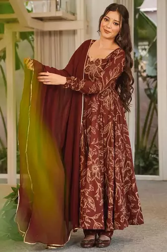 Brown muslin digital print anarkali kurti pant & dupatta set
