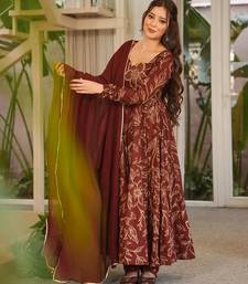 Brown muslin digital print anarkali kurti pant & dupatta set