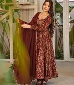 Brown muslin digital print anarkali kurti pant & dupatta set