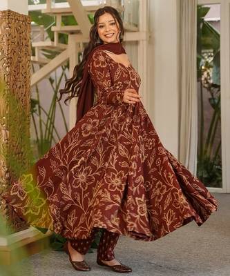 Brown muslin digital print anarkali kurti pant & dupatta set 2