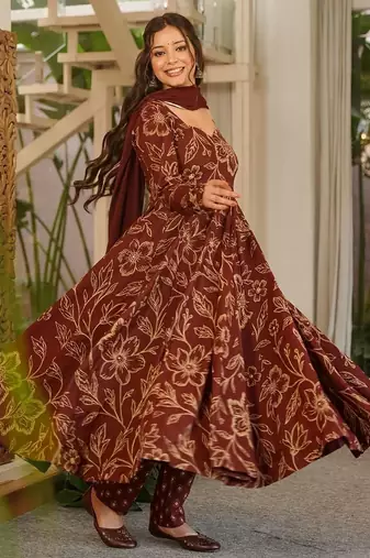 Brown muslin digital print anarkali kurti pant & dupatta set