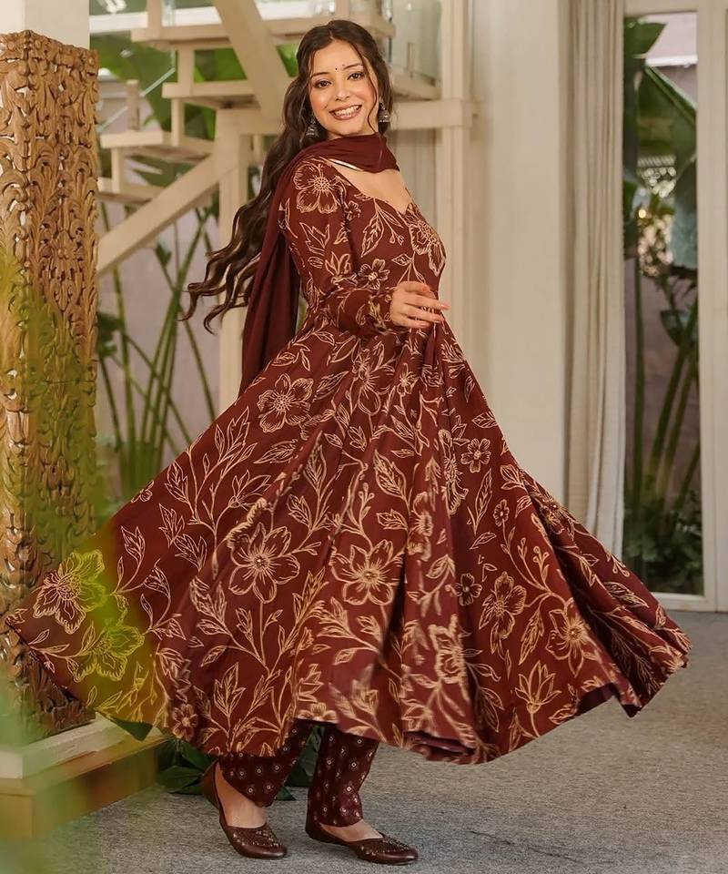 Brown muslin digital print anarkali kurti pant & dupatta set