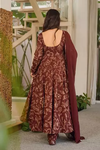 Brown muslin digital print anarkali kurti pant & dupatta set