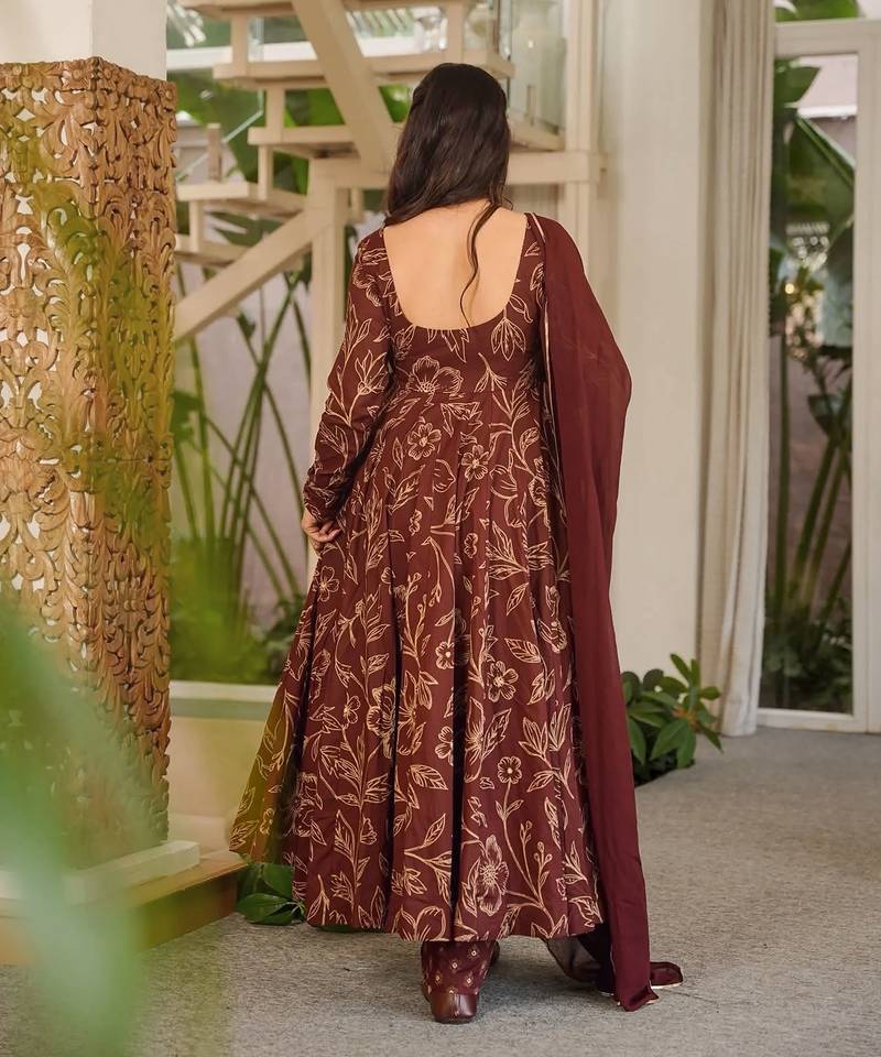 Brown muslin digital print anarkali kurti pant & dupatta set