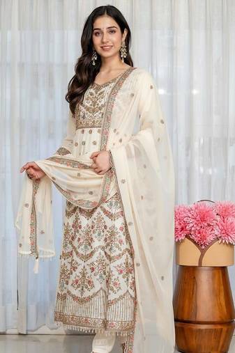 Off white fuax blooming party wear embroidery anarkali suit set