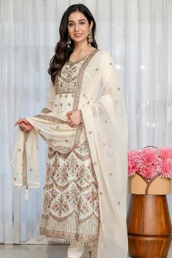 Off white fuax blooming party wear embroidery anarkali suit set