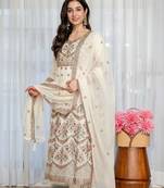 Off white fuax blooming  party wear embroidery anarkali  suit set