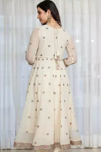 Off white fuax blooming party wear embroidery anarkali suit set