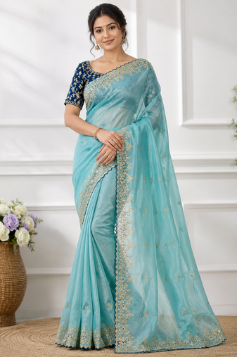 Sky Blue Color  Embroidery Sequence Work with Rich Floral Border Silk Blend Saree