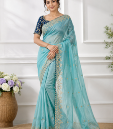 Sky Blue Color  Embroidery Sequence Work with Rich Floral Border Silk Blend Saree