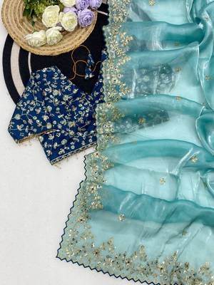 Sky Blue Color  Embroidery Sequence Work with Rich Floral Border Silk Blend Saree 2