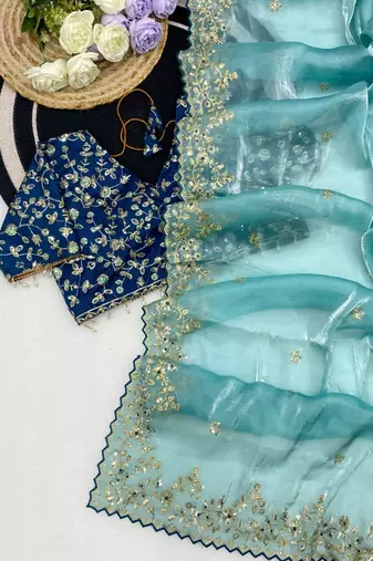 Sky Blue Color  Embroidery Sequence Work with Rich Floral Border Silk Blend Saree