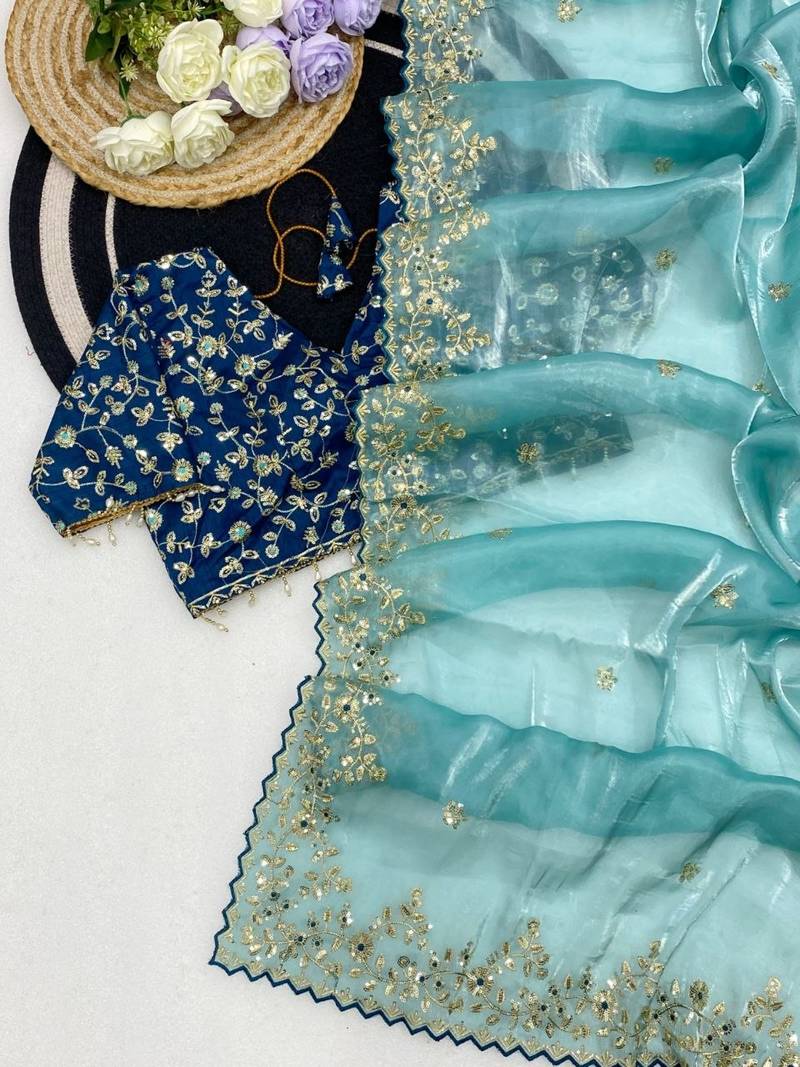 Sky Blue Color  Embroidery Sequence Work with Rich Floral Border Silk Blend Saree