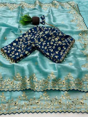 Sky Blue Color  Embroidery Sequence Work with Rich Floral Border Silk Blend Saree 3