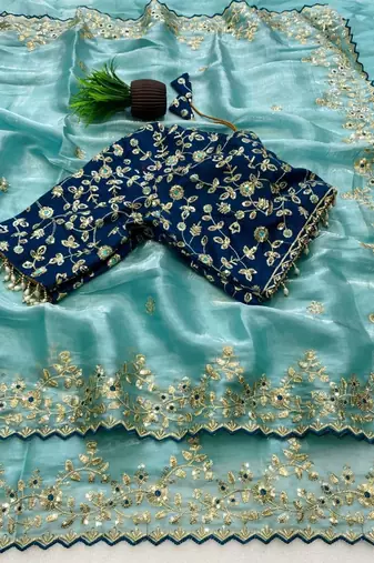 Sky Blue Color  Embroidery Sequence Work with Rich Floral Border Silk Blend Saree