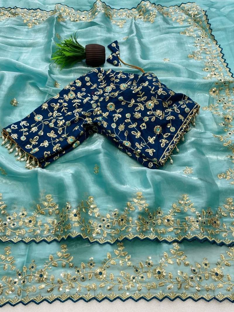 Sky Blue Color  Embroidery Sequence Work with Rich Floral Border Silk Blend Saree