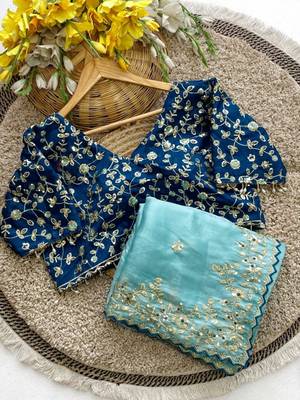 Sky Blue Color  Embroidery Sequence Work with Rich Floral Border Silk Blend Saree 4