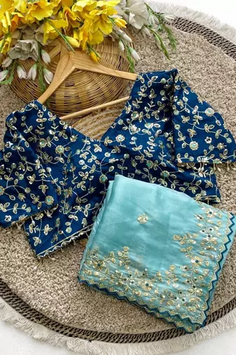 Sky Blue Color  Embroidery Sequence Work with Rich Floral Border Silk Blend Saree
