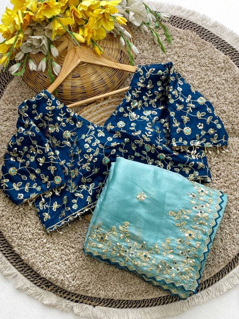 Sky Blue Color  Embroidery Sequence Work with Rich Floral Border Silk Blend Saree