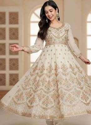 Off white fuax blooming  party wear embroidery anarkali  suit set 3