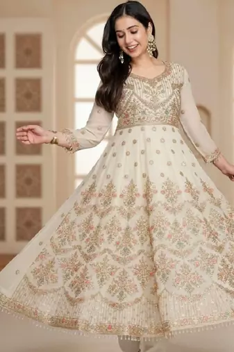 Off white fuax blooming party wear embroidery anarkali suit set