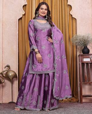 Lavender chinon silk party wear embroidery sharara suit set 1
