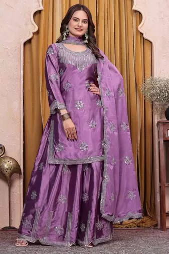 Lavender chinon silk party wear embroidery sharara suit set