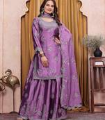 Lavender chinon silk party wear embroidery sharara suit set