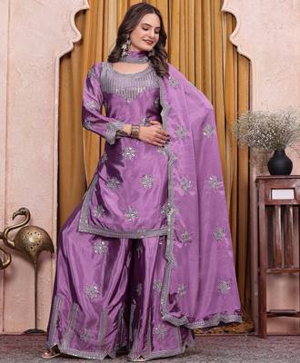 Lavender chinon silk party wear embroidery sharara suit set 2