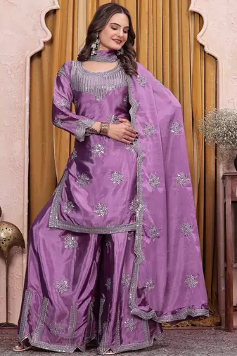 Lavender chinon silk party wear embroidery sharara suit set
