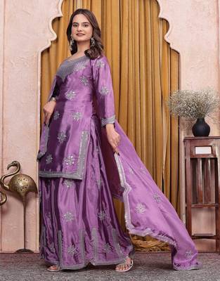 Lavender chinon silk party wear embroidery sharara suit set 3
