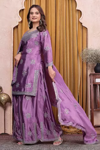 Lavender chinon silk party wear embroidery sharara suit set
