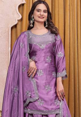 Lavender chinon silk party wear embroidery sharara suit set 4
