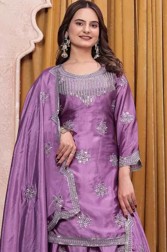 Lavender chinon silk party wear embroidery sharara suit set