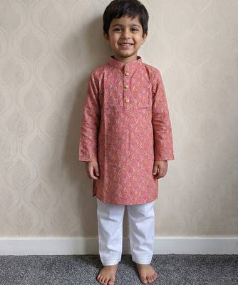 Peach pink printed cotton kurta pyjama 1
