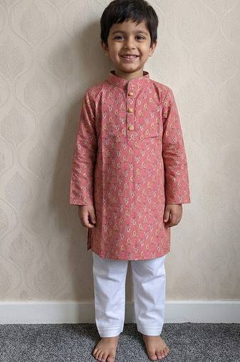 Peach pink printed cotton kurta pyjama