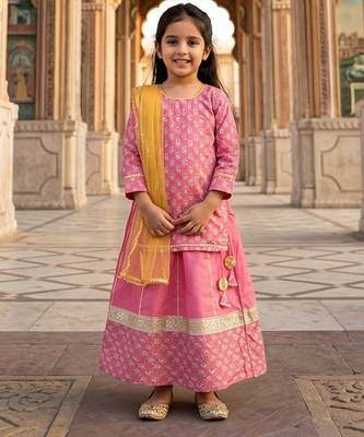 Rose pink printed cotton lehenga set 1