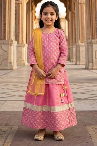 Rose pink printed cotton lehenga set