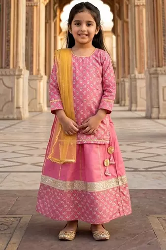 Rose pink printed cotton lehenga set