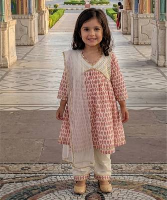 Off white pink printed cotton anarkali kurti set 1