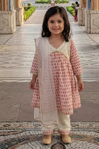 Off white pink printed cotton anarkali kurti set