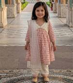 Off white pink printed cotton anarkali kurti set