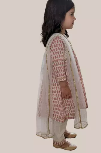 Off white pink printed cotton anarkali kurti set
