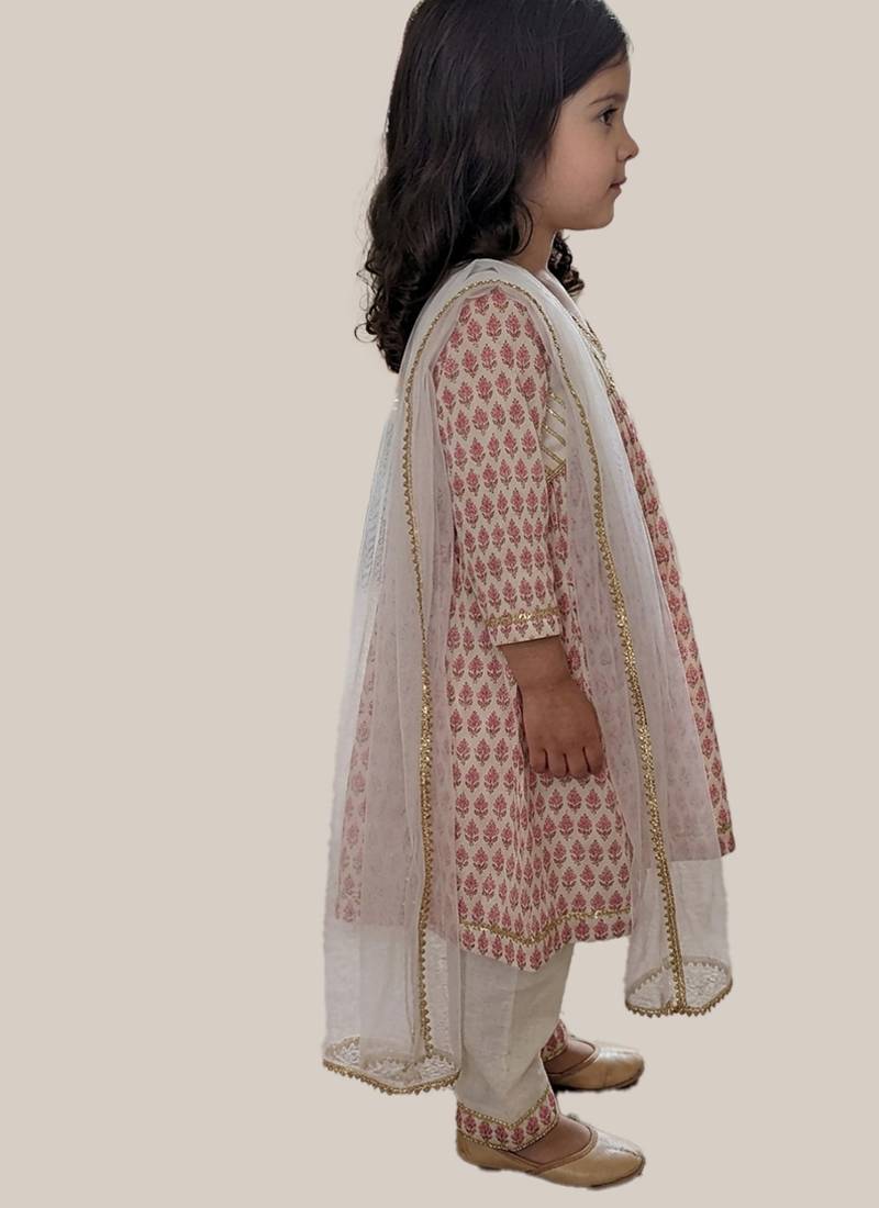 Off white pink printed cotton anarkali kurti set
