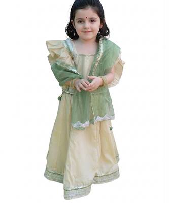 Beige green embroidered silk lehenga set 1