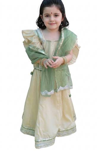Beige green embroidered silk lehenga set